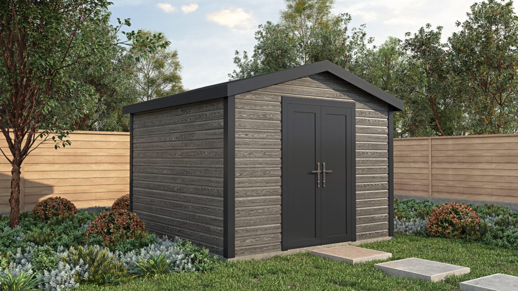Rendered image of the Alton Composite Workshop with apex roof and PVC windows and doors.