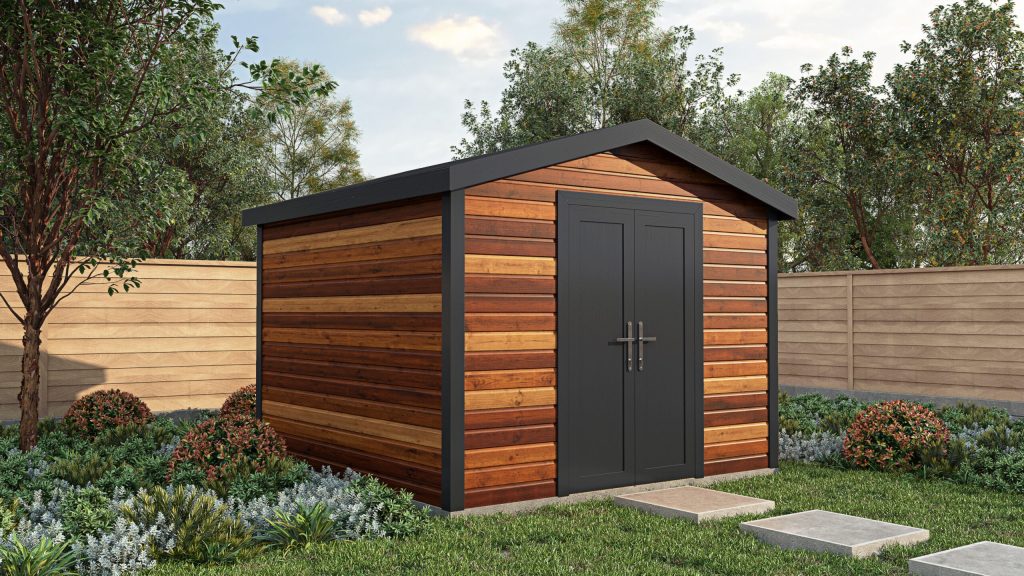 Rendered image of the Alton Cedar Workshop with apex roof and PVC windows and doors.