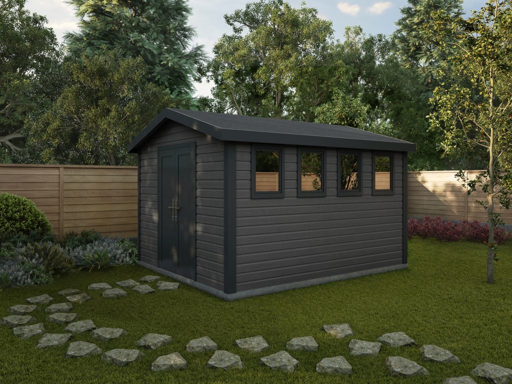 Rendered image of the Willow Composite Workshop with apex roof and pvc windows and doors.