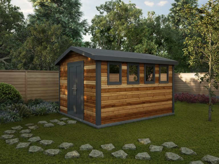 Rendered image of the Willow Cedar Workshop with apex roof and pvc windows and doors.